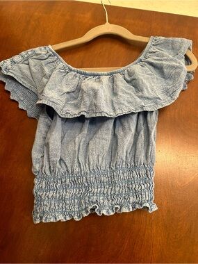 Girls' Light Blue Off-Shoulder Ruffle Short Sleeve Top - Smocked Waist
